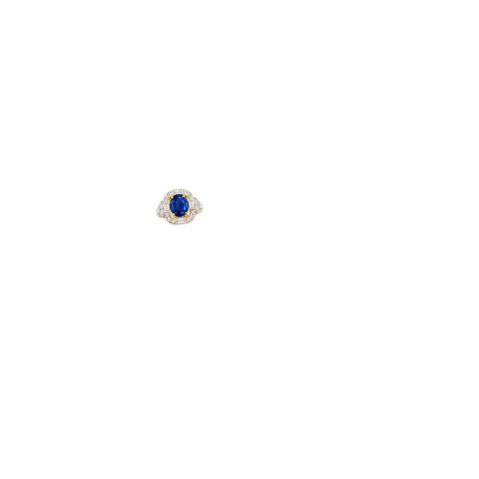 10x8mm AAA Oval Blue Sapphire Unique Halo Engagement Ring with Accents in Yellow Gold hand