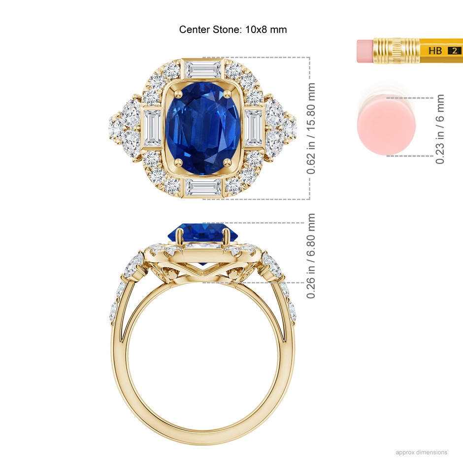 10x8mm AAA Oval Blue Sapphire Unique Halo Engagement Ring with Accents in Yellow Gold ruler