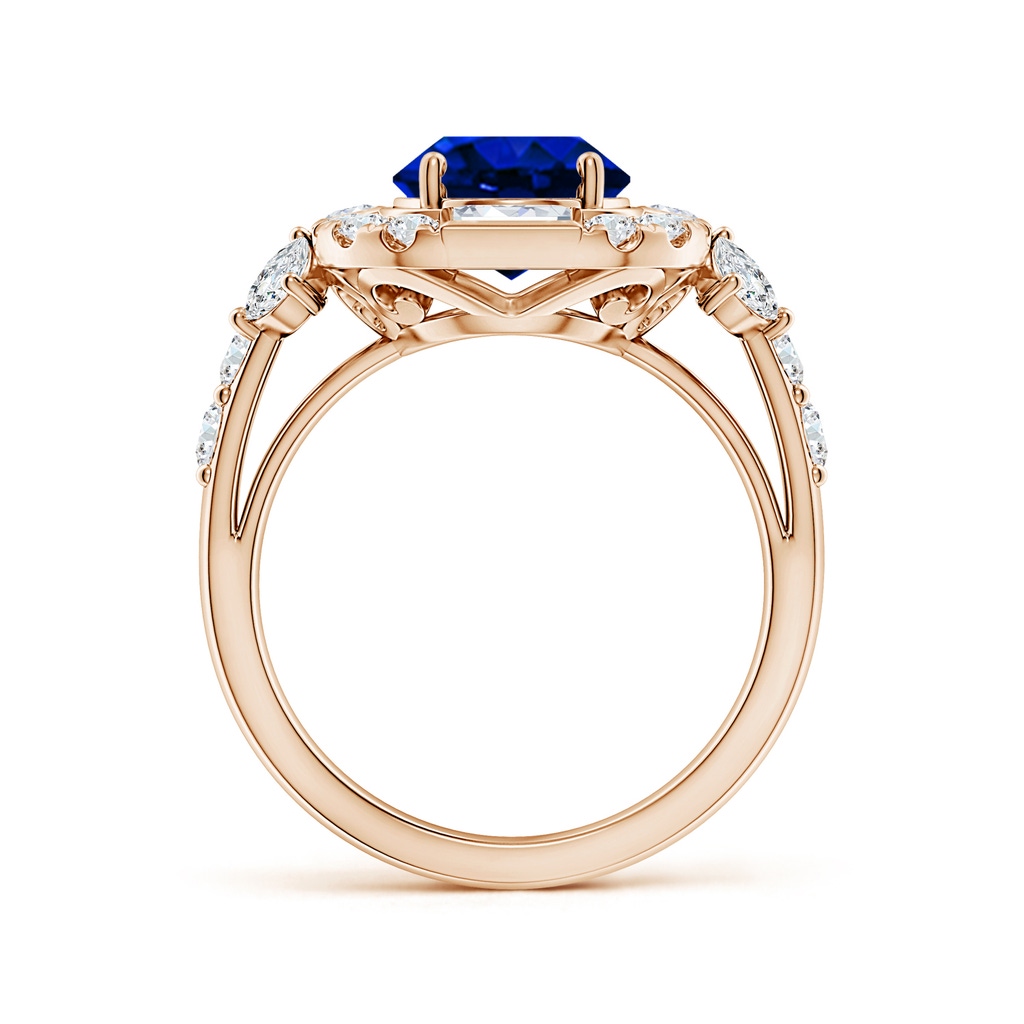 10x8mm AAAA Oval Blue Sapphire Unique Halo Engagement Ring with Accents in 18K Rose Gold - side 199