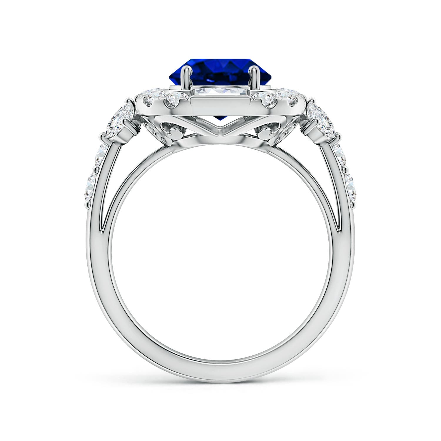 10x8mm AAAA Oval Blue Sapphire Unique Halo Engagement Ring with Accents in 18K White Gold