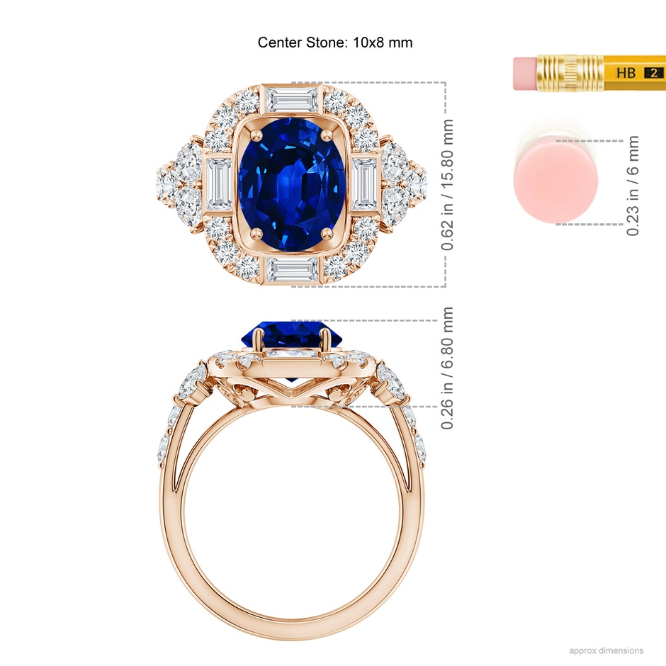 10x8mm Lab-Grown Oval Blue Sapphire Unique Halo Engagement Ring with Accents in Rose Gold ruler
