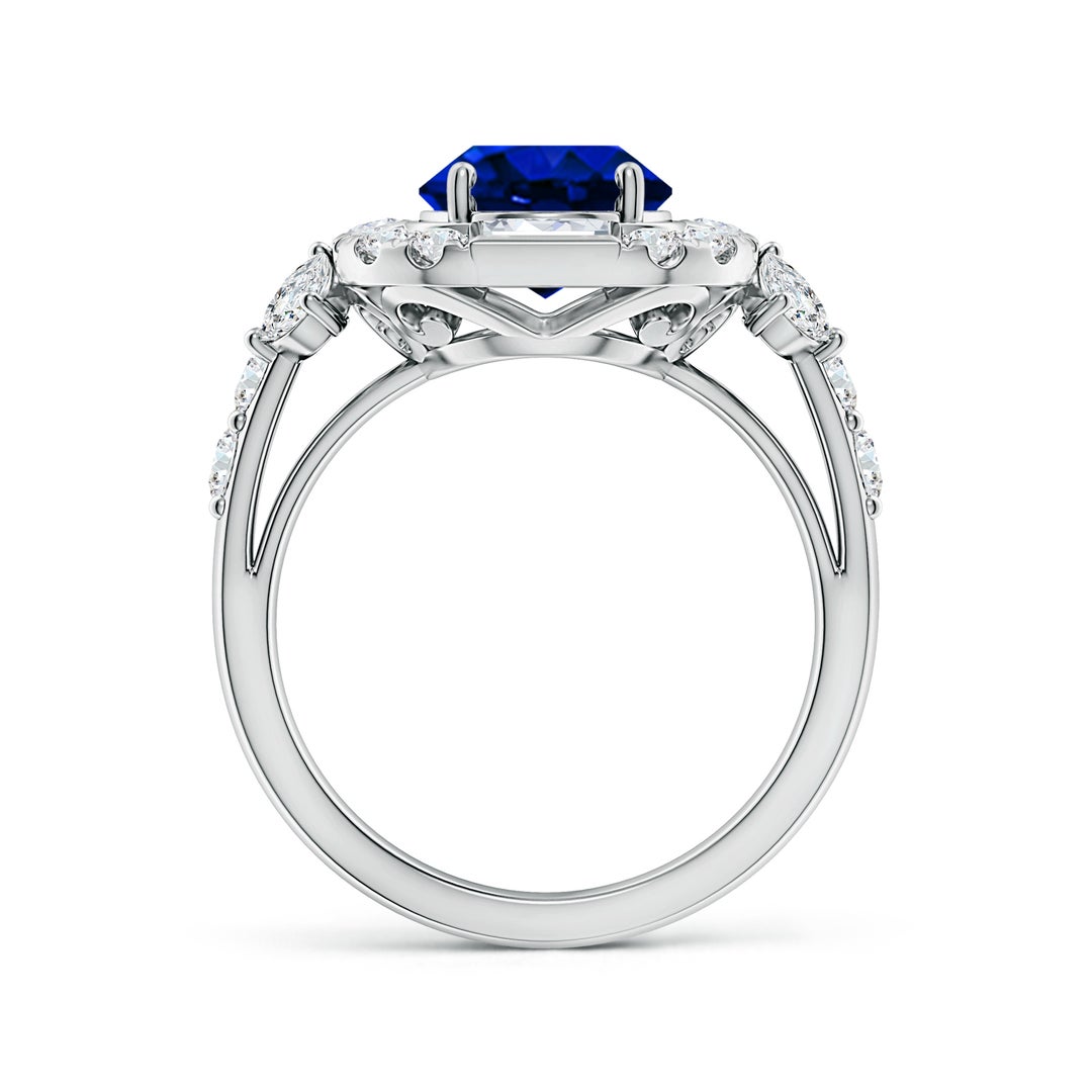 10x8mm AAAA Oval Blue Sapphire Unique Halo Engagement Ring with Accents in White Gold - side 2