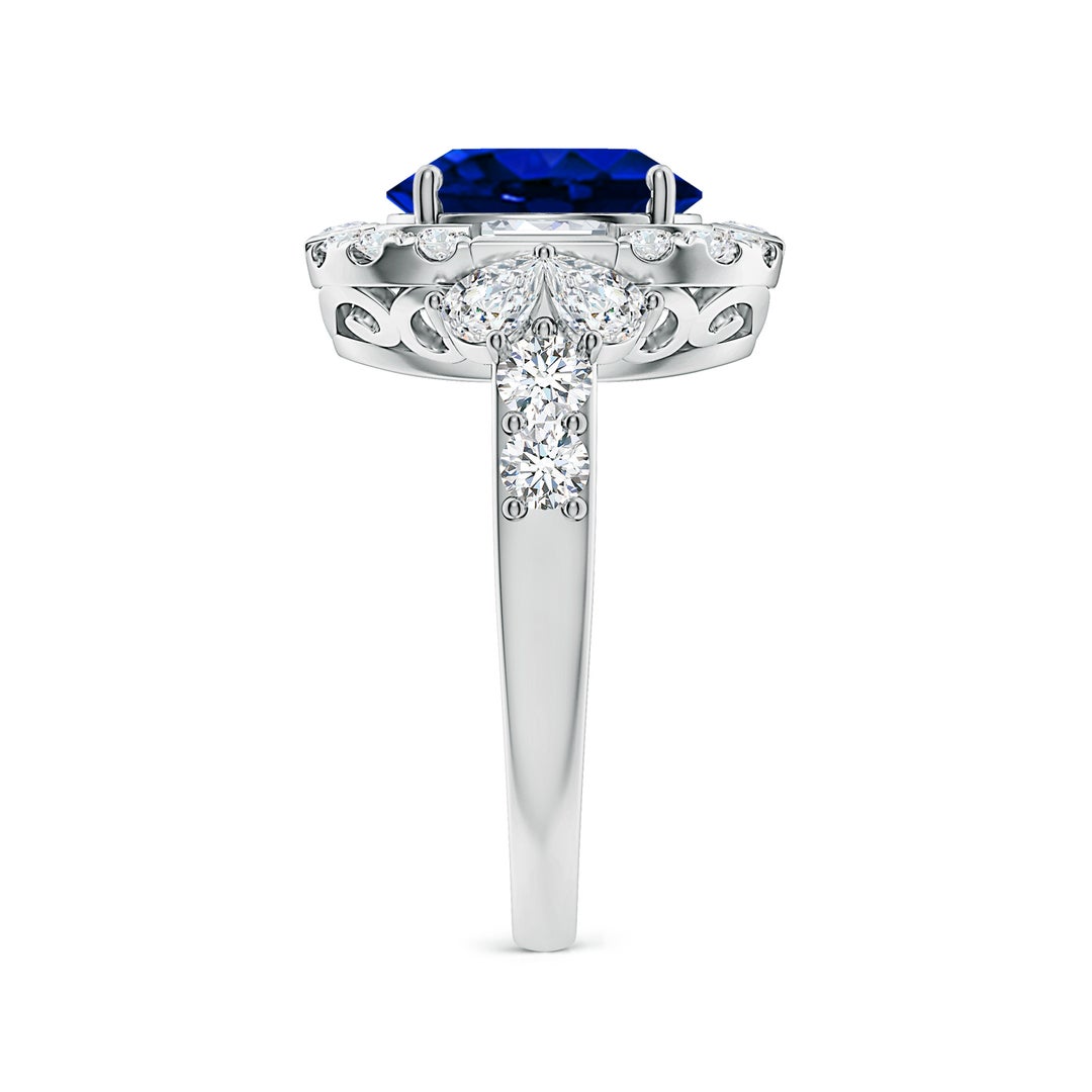 10x8mm AAAA Oval Blue Sapphire Unique Halo Engagement Ring with Accents in White Gold - side 3