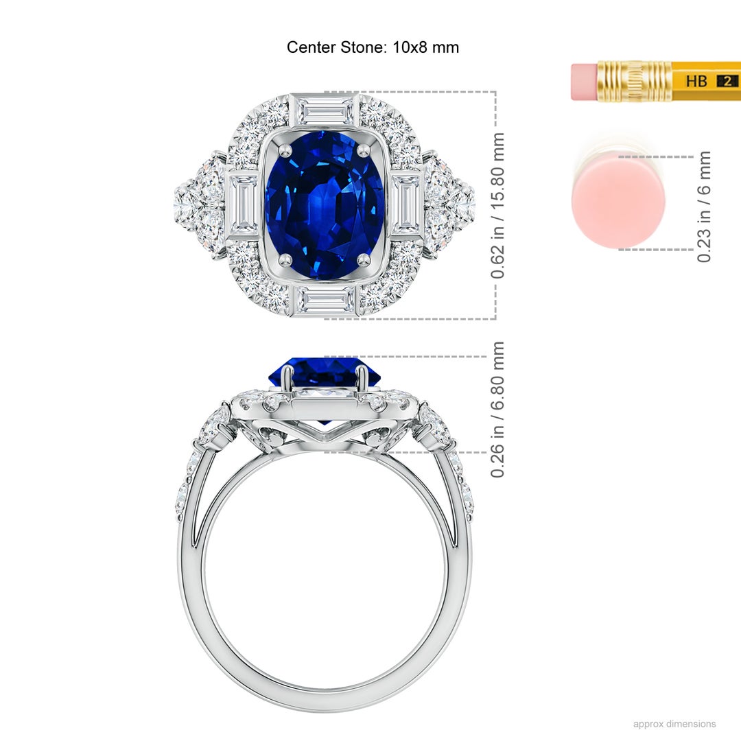 10x8mm AAAA Oval Blue Sapphire Unique Halo Engagement Ring with Accents in White Gold - ruler