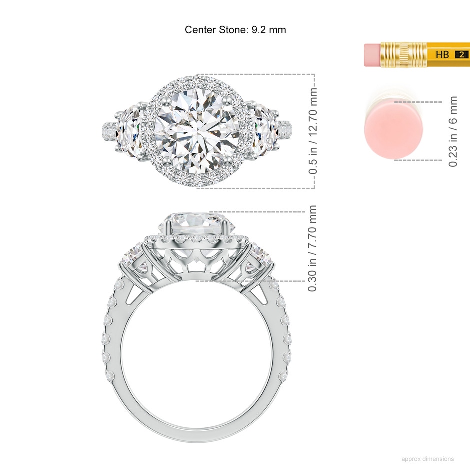 9.2mm HSI2 Round and Half Moon Diamond Halo Engagement Ring in White Gold ruler