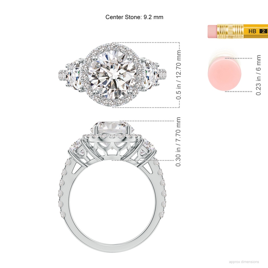 9.2mm IJI1I2 Round and Half Moon Diamond Halo Engagement Ring in White Gold ruler