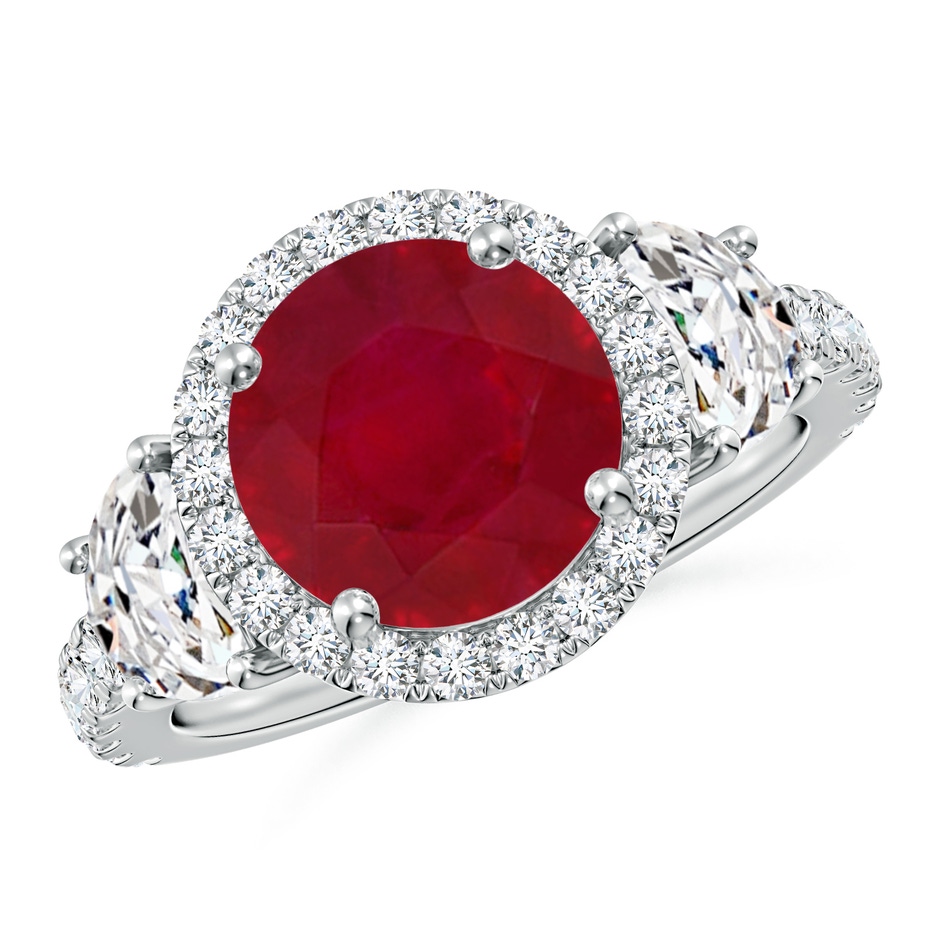 9mm AA Round Ruby and Half Moon Diamond Halo Engagement Ring in White Gold 