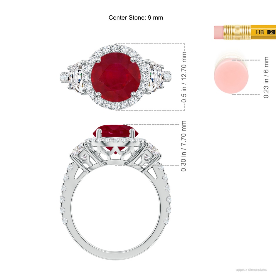 9mm AA Round Ruby and Half Moon Diamond Halo Engagement Ring in White Gold ruler