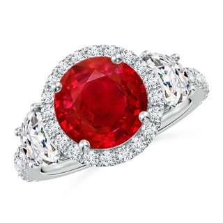 9mm AAA Round Ruby and Half Moon Diamond Halo Engagement Ring in P950 Platinum