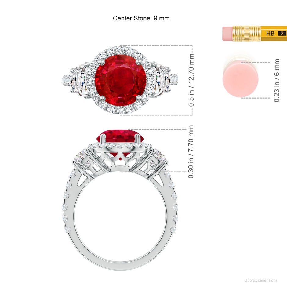 9mm AAA Round Ruby and Half Moon Diamond Halo Engagement Ring in White Gold ruler