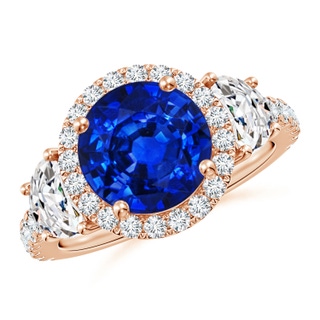 9mm AAAA Round Blue Sapphire and Half Moon Diamond Halo Engagement Ring in Rose Gold