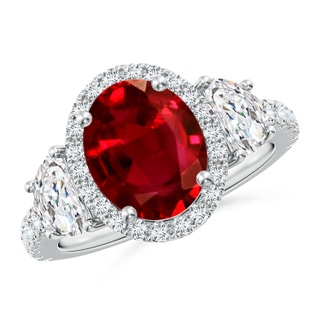 10x8mm AAAA Oval Ruby and Half Moon Diamond Halo Engagement Ring in P950 Platinum