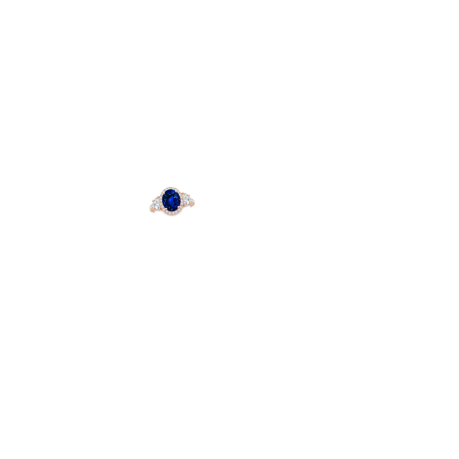 10x8mm Lab-Grown Oval Blue Sapphire and Half Moon Diamond Halo Engagement Ring in 18K Rose Gold hand