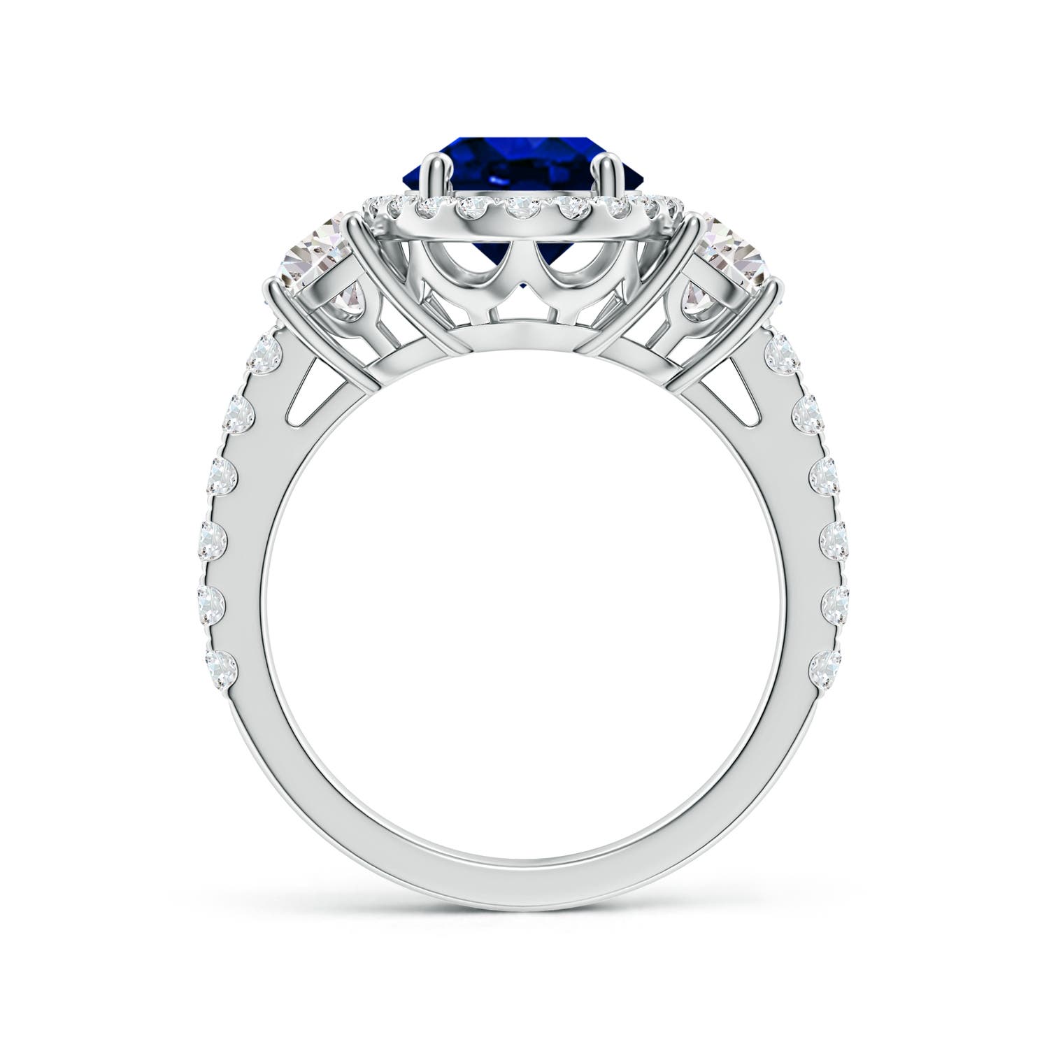 10x8mm AAAA Oval Blue Sapphire and Half Moon Diamond Halo Engagement Ring in 18K White Gold