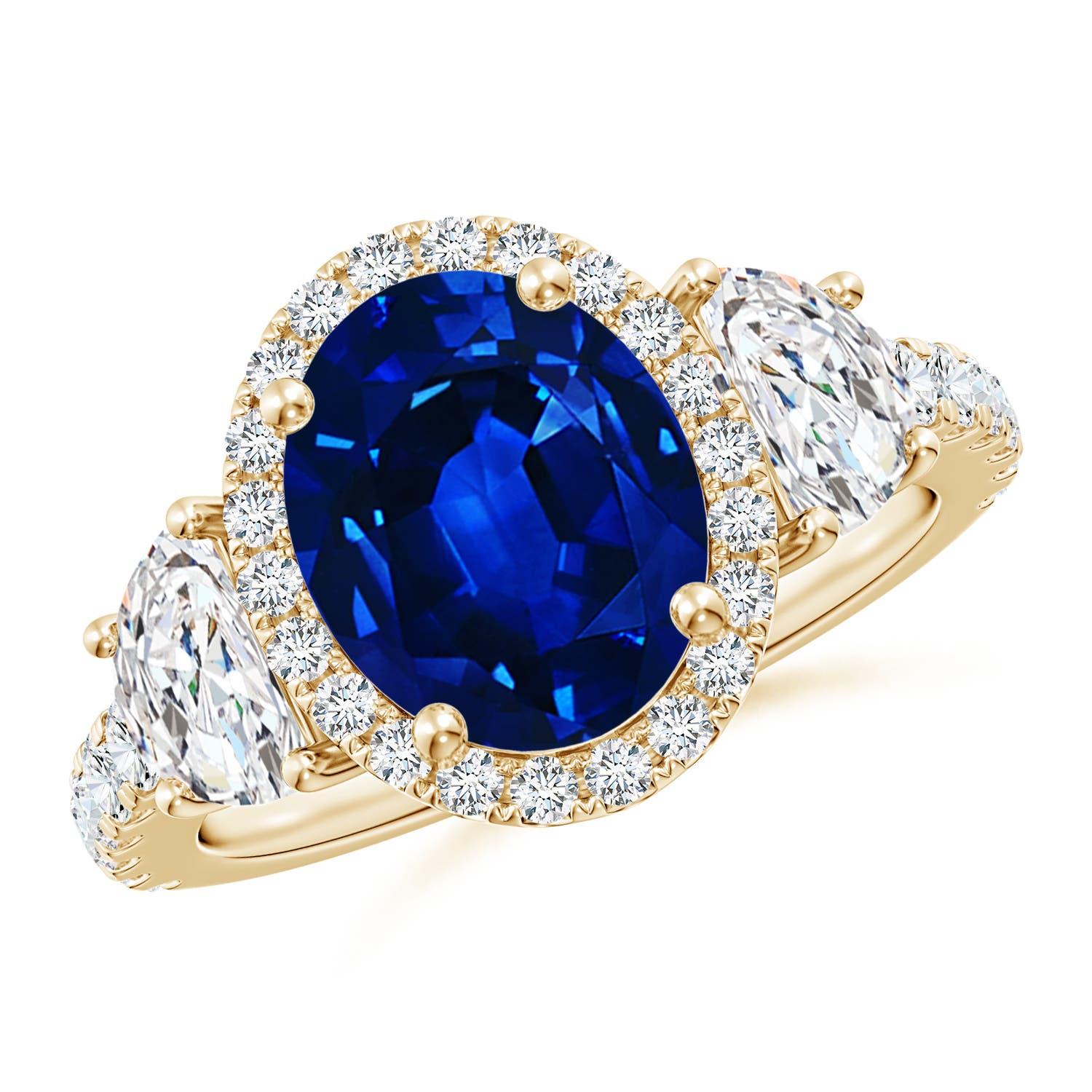 10x8mm AAAA Oval Blue Sapphire and Half Moon Diamond Halo Engagement Ring in 18CT Yellow Gold