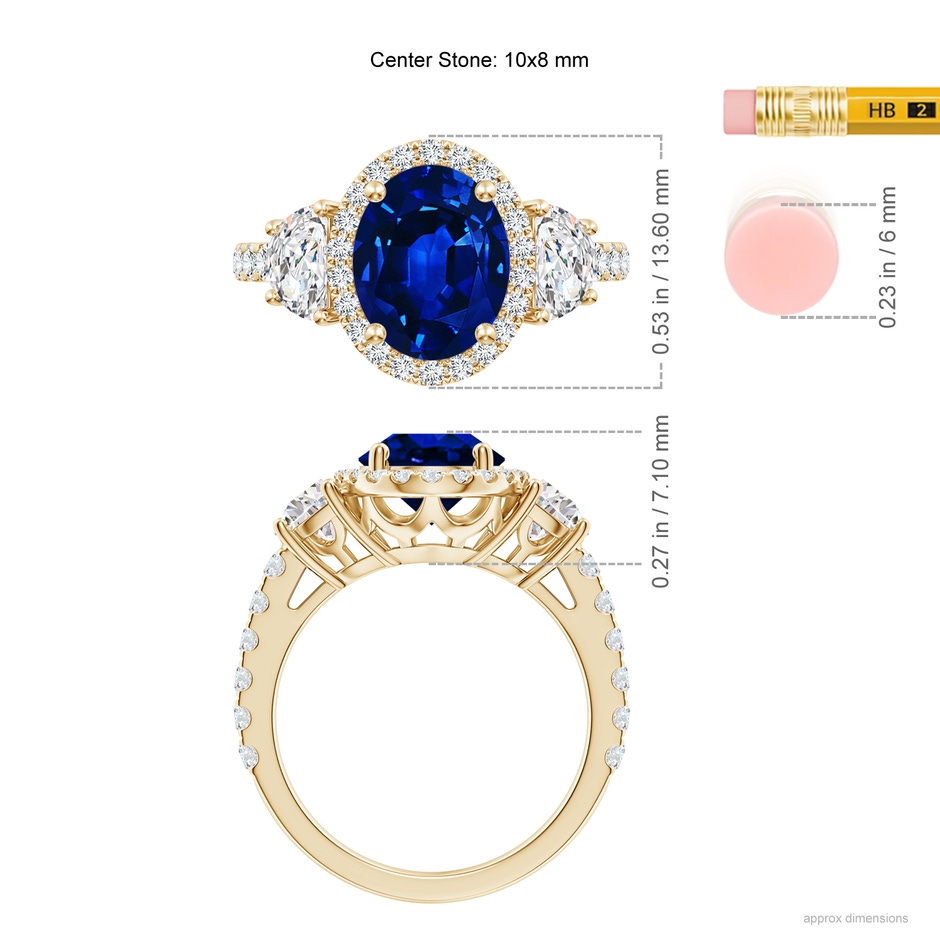 10x8mm Lab-Grown Oval Blue Sapphire and Half Moon Diamond Halo Engagement Ring in 18K Yellow Gold ruler