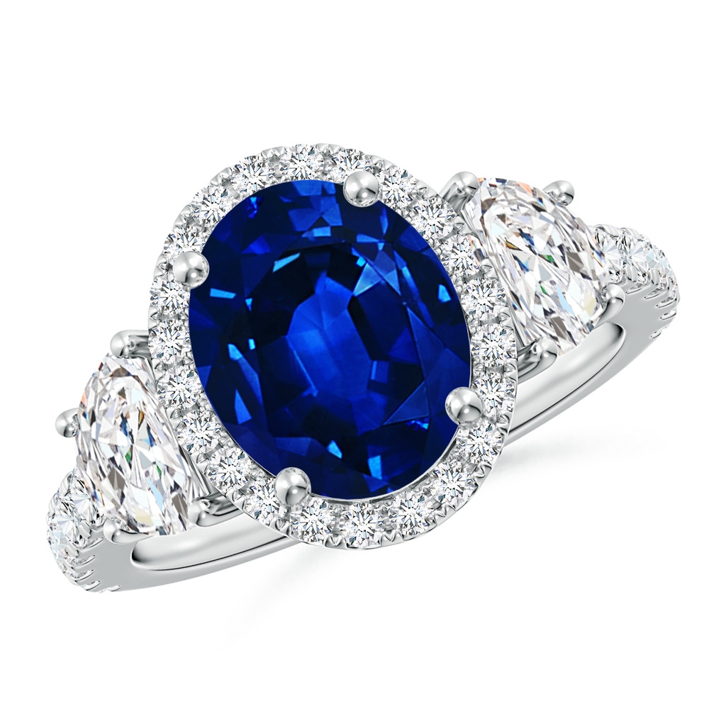 10x8mm Lab-Grown Oval Blue Sapphire and Half Moon Diamond Halo Engagement Ring in P950 Platinum