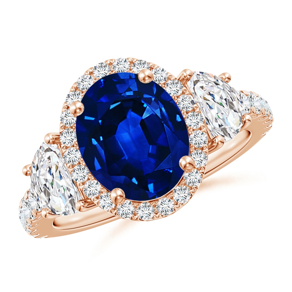 10x8mm Lab-Grown Oval Blue Sapphire and Half Moon Diamond Halo Engagement Ring in Rose Gold 