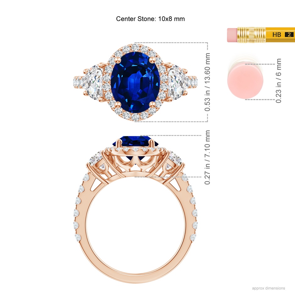 10x8mm Lab-Grown Oval Blue Sapphire and Half Moon Diamond Halo Engagement Ring in Rose Gold ruler
