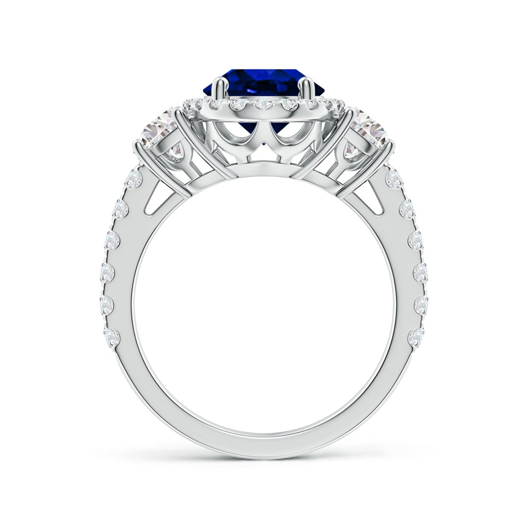 10x8mm AAAA Oval Blue Sapphire and Half Moon Diamond Halo Engagement Ring in White Gold - side 2