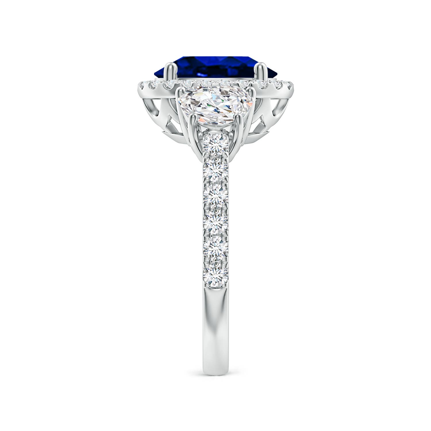 10x8mm AAAA Oval Blue Sapphire and Half Moon Diamond Halo Engagement Ring in White Gold - side 3