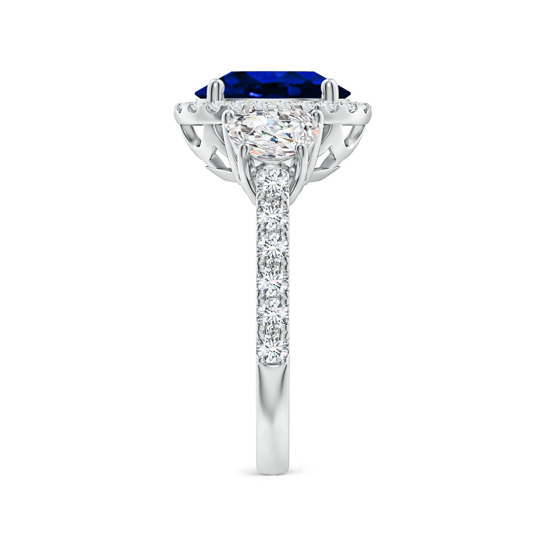 10x8mm AAAA Oval Blue Sapphire and Half Moon Diamond Halo Engagement Ring in White Gold - side 3