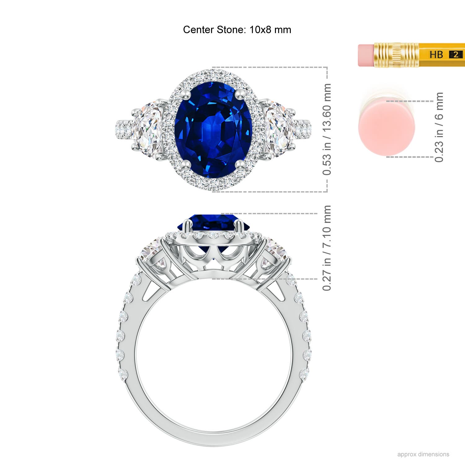 10x8mm AAAA Oval Blue Sapphire and Half Moon Diamond Halo Engagement Ring in White Gold - ruler