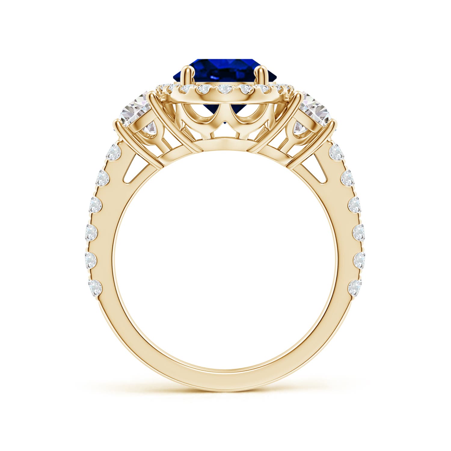 10x8mm AAAA Oval Blue Sapphire and Half Moon Diamond Halo Engagement Ring in Yellow Gold