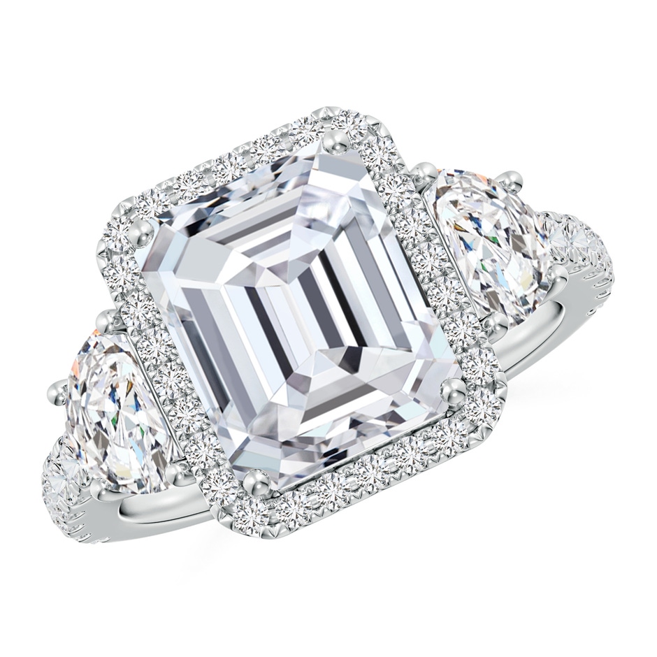 10x7mm HSI2 Emerald-Cut and Half Moon Diamond Halo Engagement Ring in White Gold 