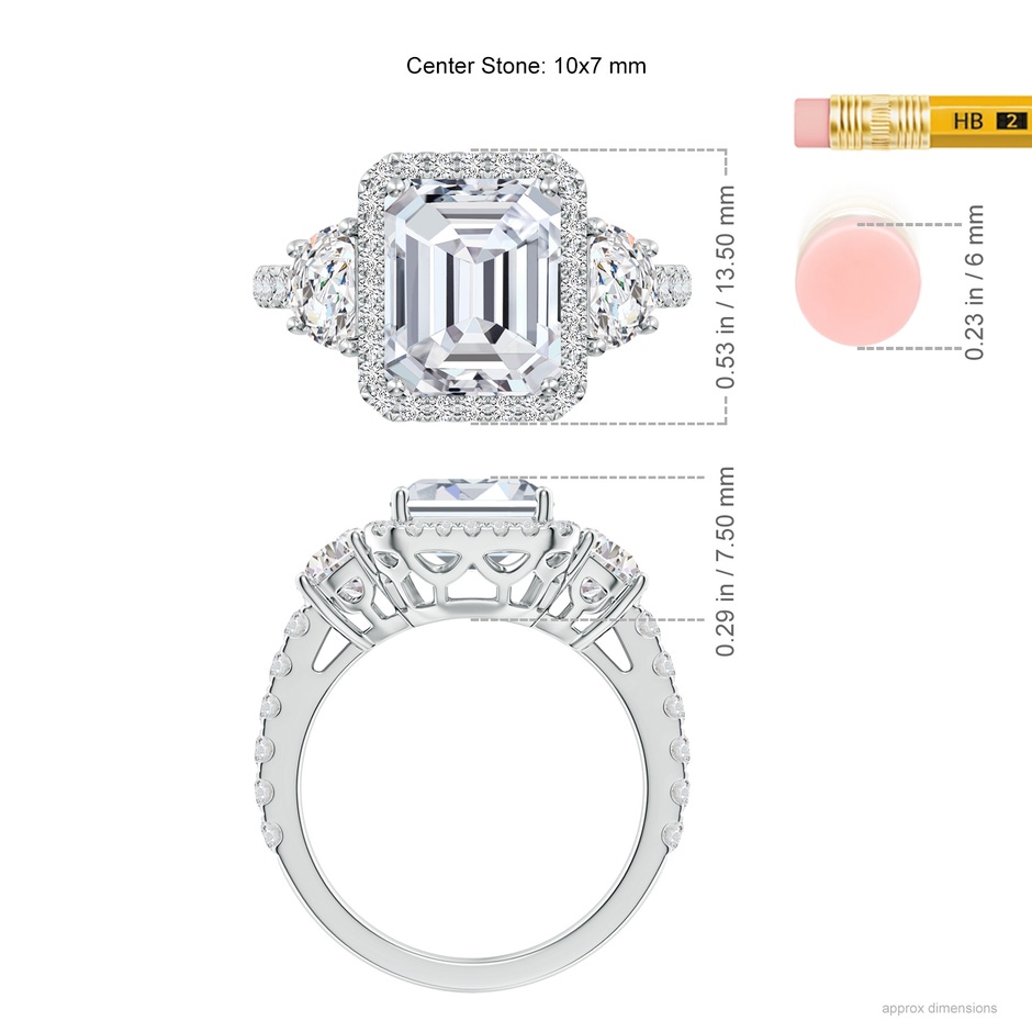 10x7mm HSI2 Emerald-Cut and Half Moon Diamond Halo Engagement Ring in White Gold ruler