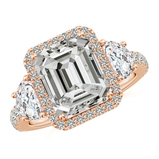 10x7mm KI3 Emerald-Cut and Half Moon Diamond Halo Engagement Ring in Rose Gold