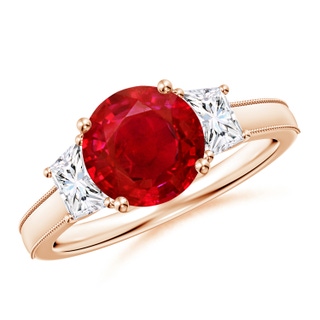 8mm AAA Round Ruby and Trapezoid Diamond Hidden Halo Engagement Ring in 10K Rose Gold