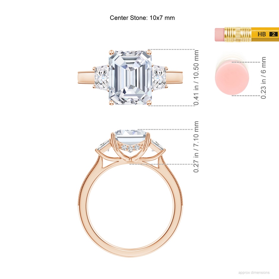 10x7mm GVS2 Emerald-Cut and Trapezoid Diamond Hidden Halo Engagement Ring in Rose Gold ruler