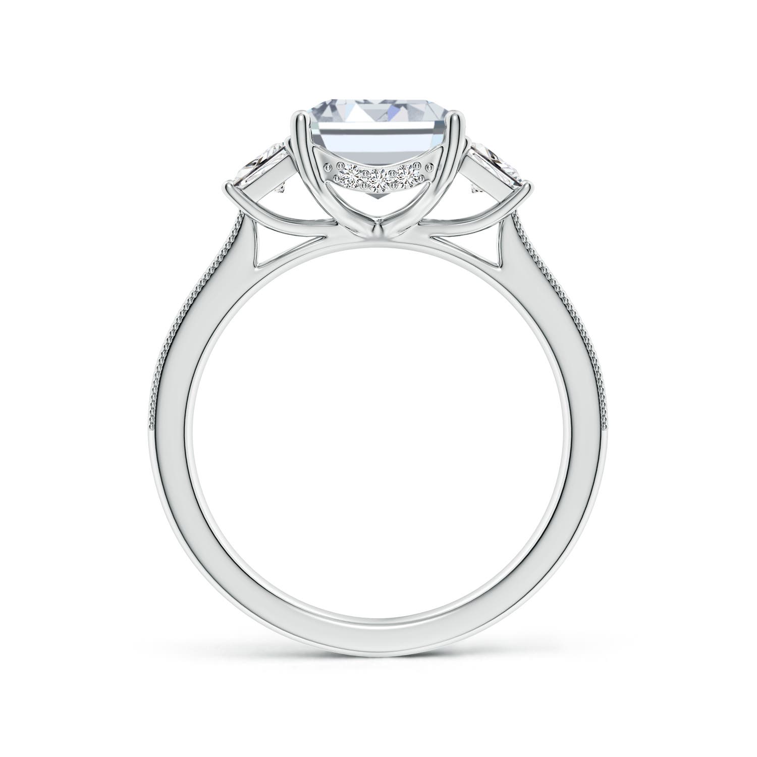 10x7mm HSI2 Emerald-Cut and Trapezoid Diamond Hidden Halo Engagement Ring in White Gold - side 2