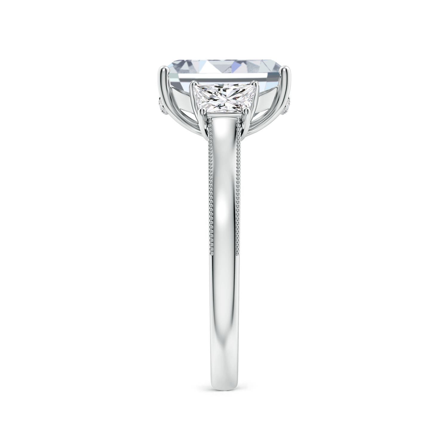 10x7mm HSI2 Emerald-Cut and Trapezoid Diamond Hidden Halo Engagement Ring in White Gold - side 3
