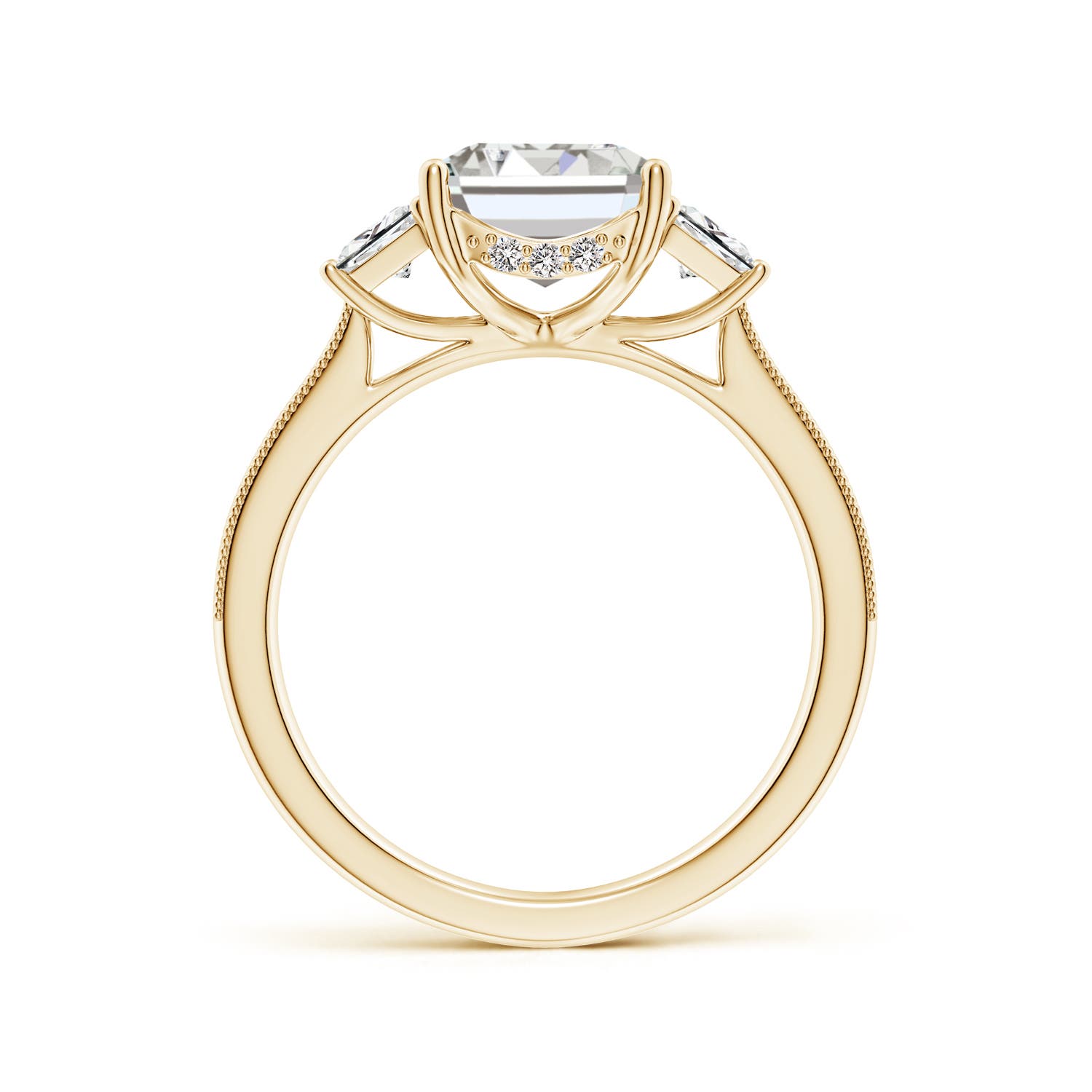 10x7mm IJI1I2 Emerald-Cut and Trapezoid Diamond Hidden Halo Engagement Ring in Yellow Gold - side 2