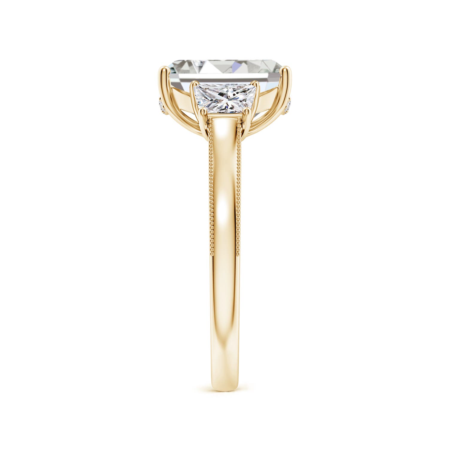 10x7mm IJI1I2 Emerald-Cut and Trapezoid Diamond Hidden Halo Engagement Ring in Yellow Gold - side 3