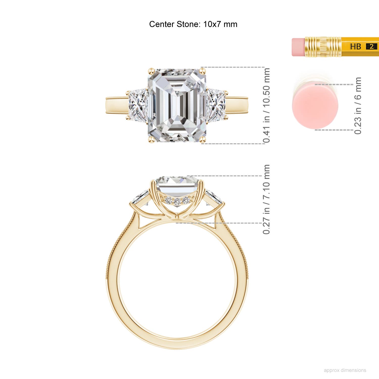 10x7mm IJI1I2 Emerald-Cut and Trapezoid Diamond Hidden Halo Engagement Ring in Yellow Gold - ruler