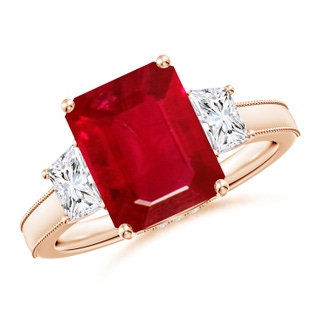 10x8mm AAA Emerald-Cut Ruby and Trapezoid Diamond Hidden Halo Engagement Ring in 9K Rose Gold