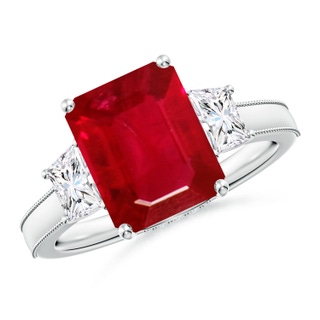 10x8mm AAA Emerald-Cut Ruby and Trapezoid Diamond Hidden Halo Engagement Ring in P950 Platinum