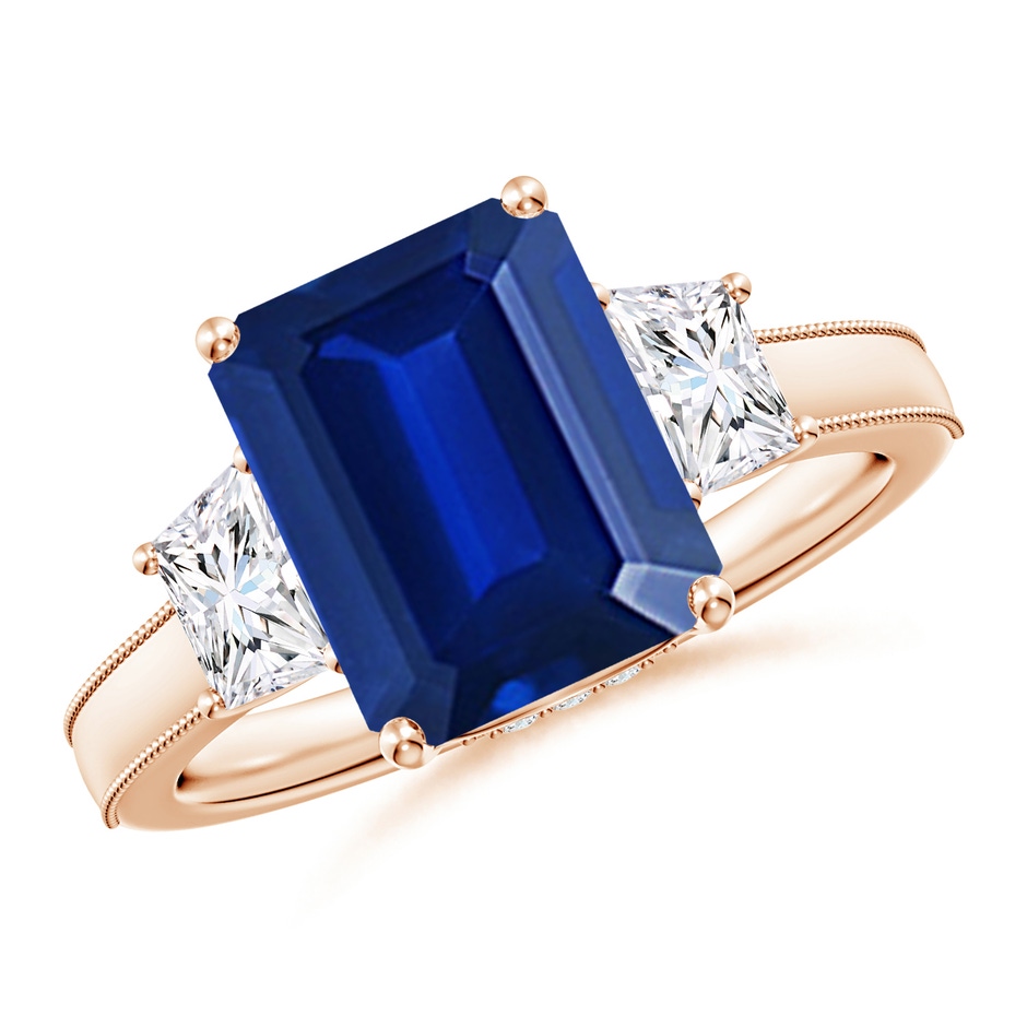 10x8mm Lab-Grown Emerald-Cut Blue Sapphire and Trapezoid Diamond Hidden Halo Engagement Ring in Rose Gold 