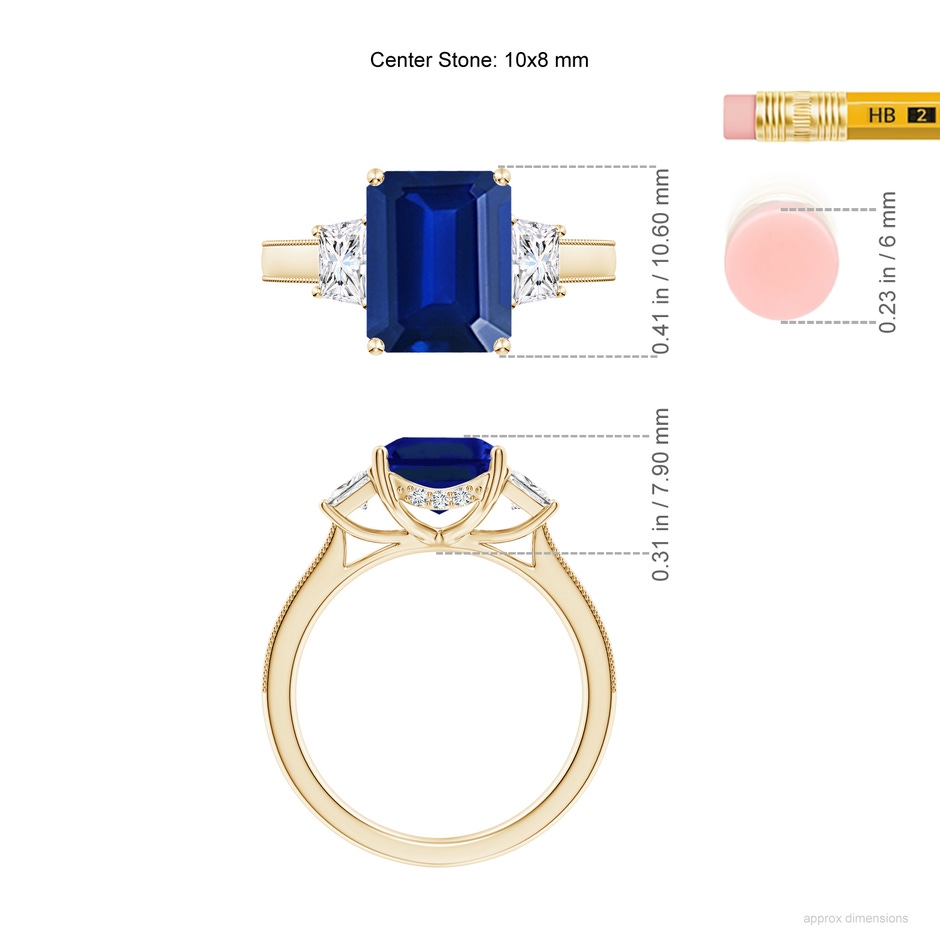 10x8mm Lab-Grown Emerald-Cut Blue Sapphire and Trapezoid Diamond Hidden Halo Engagement Ring in Yellow Gold ruler