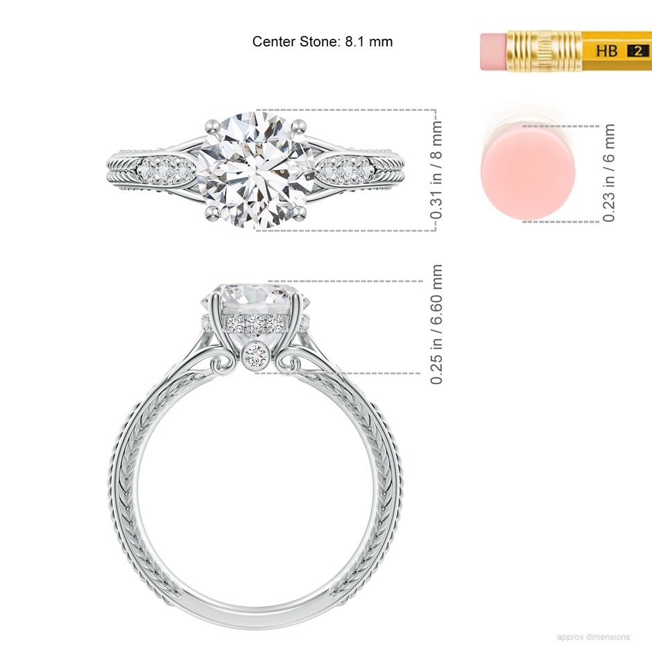 8.1mm HSI2 Vintage Inspired Round Diamond Hidden Halo Engagement Ring in 18K White Gold ruler