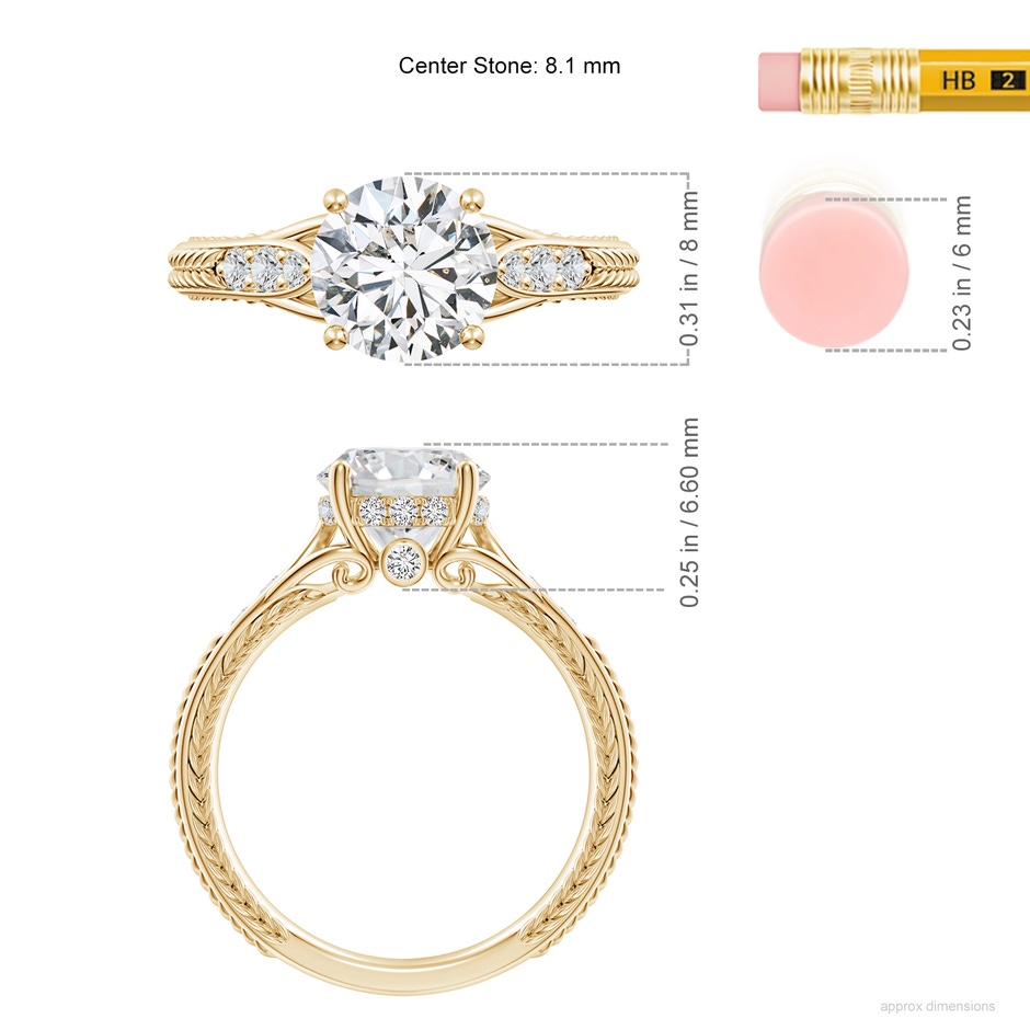 8.1mm HSI2 Vintage Inspired Round Diamond Hidden Halo Engagement Ring in Yellow Gold ruler