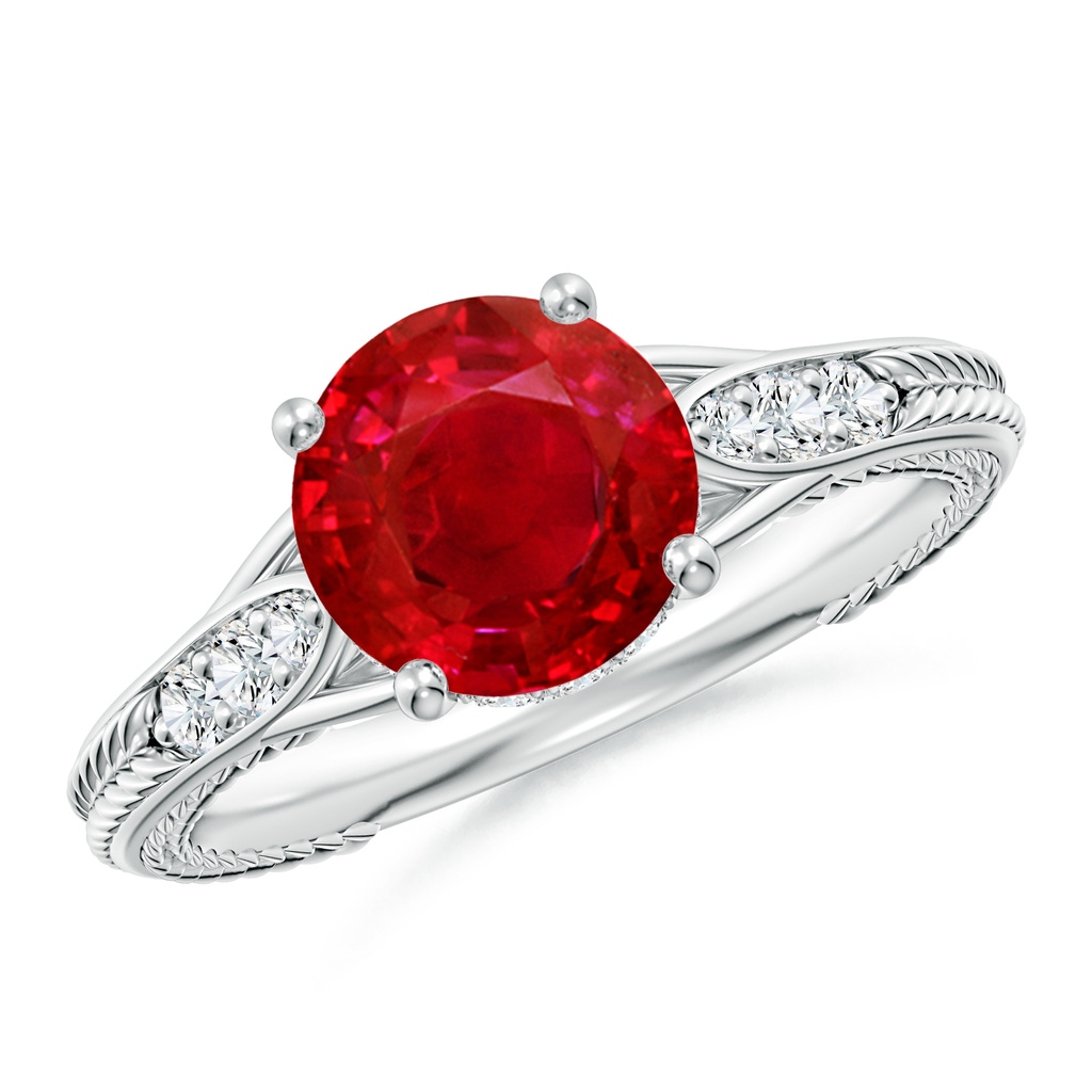 8mm AAA Vintage Inspired Round Ruby Hidden Halo Engagement Ring in White Gold