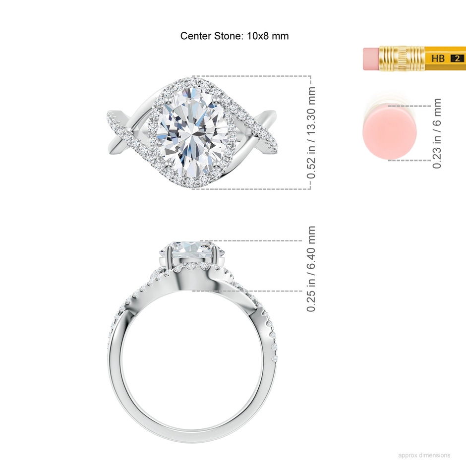 10x8mm GVS2 Oval Diamond Criss Cross Shank Engagement Ring with Accents in White Gold ruler