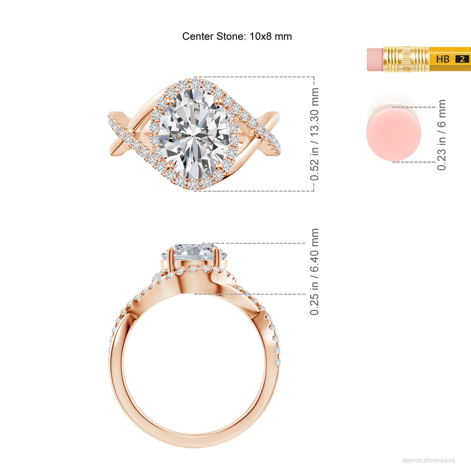 10x8mm HSI2 Oval Diamond Criss Cross Shank Engagement Ring with Accents in Rose Gold ruler