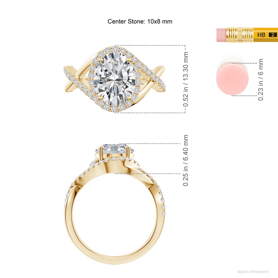 10x8mm HSI2 Oval Diamond Criss Cross Shank Engagement Ring with Accents in Yellow Gold ruler