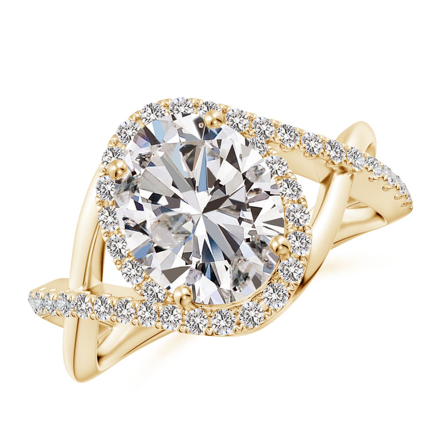 Angara 3.0 CTW Oval Diamond Criss Cross Shank Engagement Ring with Accents in 18K Yellow Gold