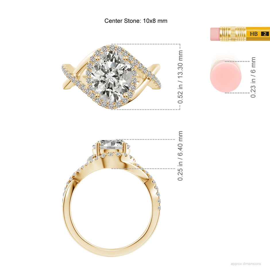 10x8mm KI3 Oval Diamond Criss Cross Shank Engagement Ring with Accents in Yellow Gold ruler